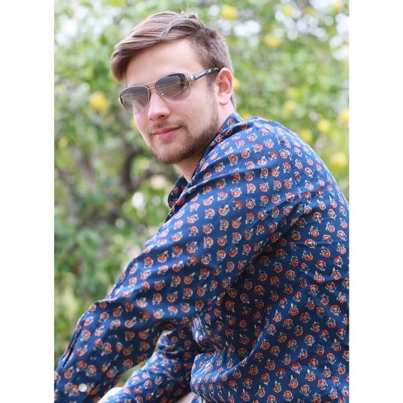 PAX PHILOMENA Shirt Men Button up Large Blue Block Print Maximillian Long Sleeve - Picture 2 of 12